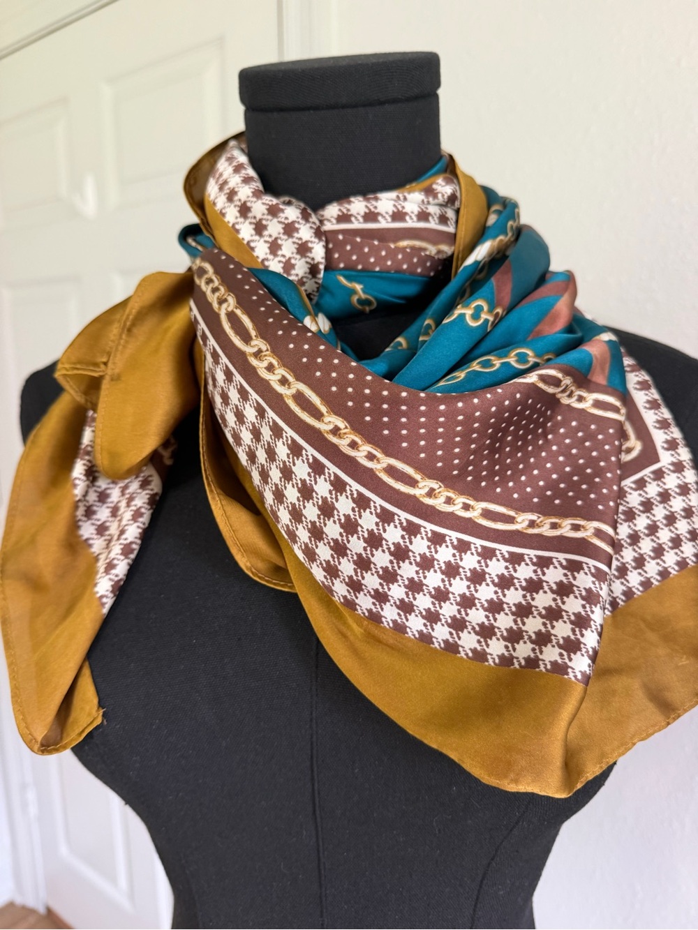 Equestrian Square Scarf Teal Brown Gold Chain Horse Bit Houndstooth 35x35